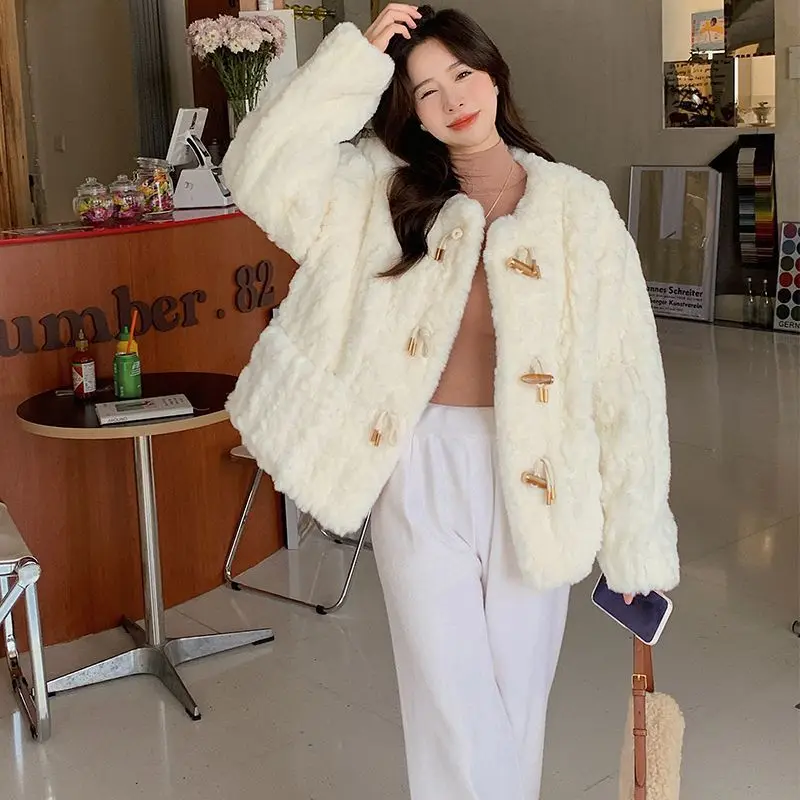 BEENLE Winter Lamb Wool Jackets Korean Plush Fur Coats Thick White Cotton Cardigan for Woman Loose Warm Casual Fashion Coats