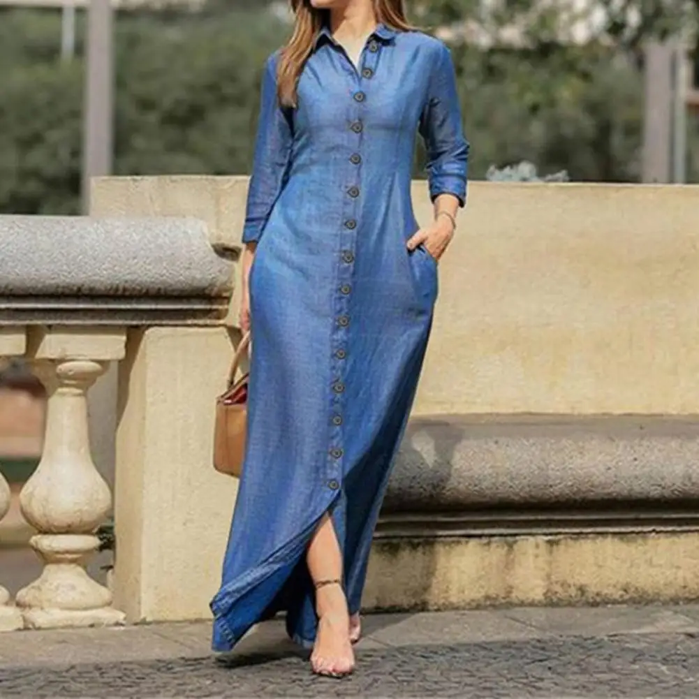 

Denim Dress Turn-Down Collar 3/4 Sleeve Women Dress Two Pockets Single Breasted Denim Maxi Dress Ladies Clothing