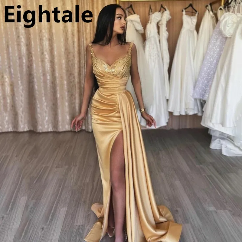 

Eightale Champagne Beaded Formal Evening Dress Sweetheart Spaghetti Strap Pleats Prom Dresses Side Split Celebrity Party Gowns
