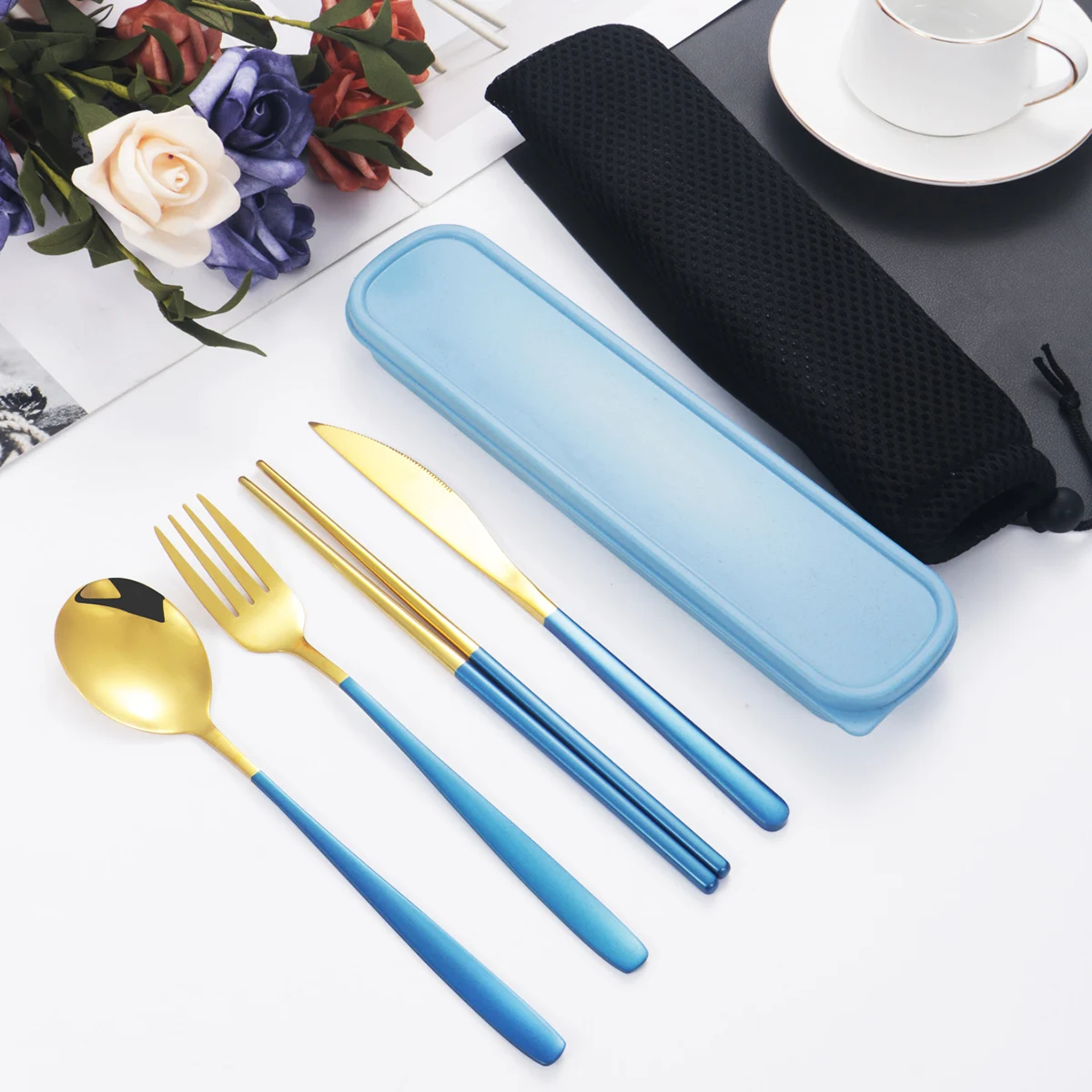 4pc Stainless steel tableware knife and fork spoon chopsticks tableware suit students go to school portable suit