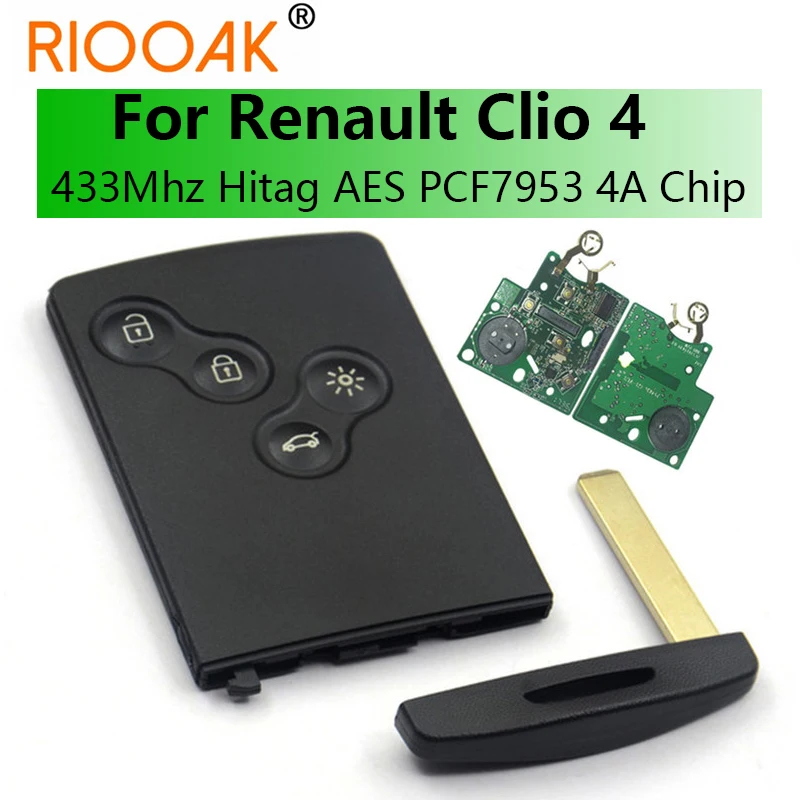 4 Pulsanti 433Mhz Hitag Aes Pcf7953 Chip 7953 4A Chip Remote Key Card Keyless Smart Key Per Renault Clio 4