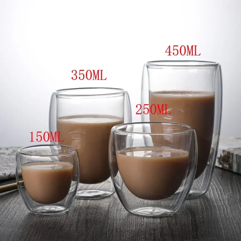 Double Insulated Glass Mug 150ml-450ml Breakfast Coffee Cup Milk Water High Borosilicate