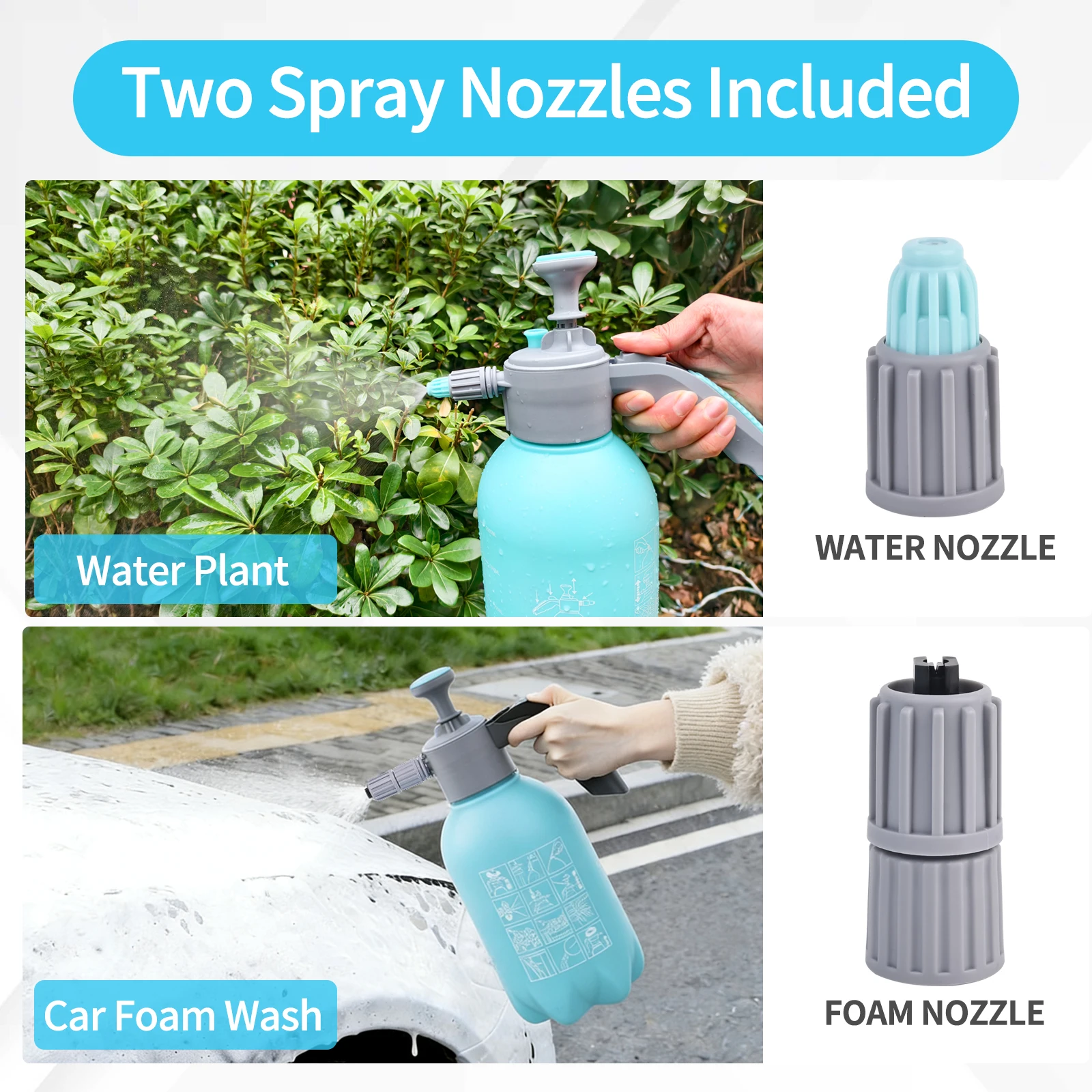 폼 펌프 블래스터 2L, 자동차 세차 폼 캐논, 두 개의 조절 가능한 노즐이 있는 핸드 펌프 폼 스프레이어, 자동차 세차 및 가정 청소에 이상적