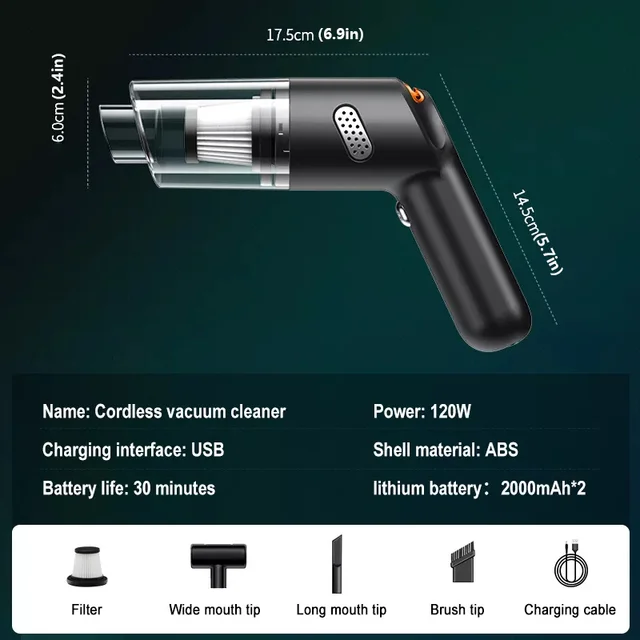Aspiradora inalámbrica para el hogar, dispositivo de limpieza portátil de 15000PA, carga USB, 120W, miniaspiradora húmeda y seca para el hogar y el coche - Imagen 2