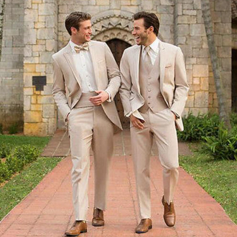 

Blazer Sets Beige Groom Tuxedos Groomsman Italian Style Wedding Prom Party Suits For Men Bridegroom 2PCS/3PCS