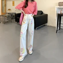 

Plus Size Jeans Women Casual Outerwear White Ink-Splattered Loose Wide-Legged Straight Cotton Denim Pants Fashion Bottoms