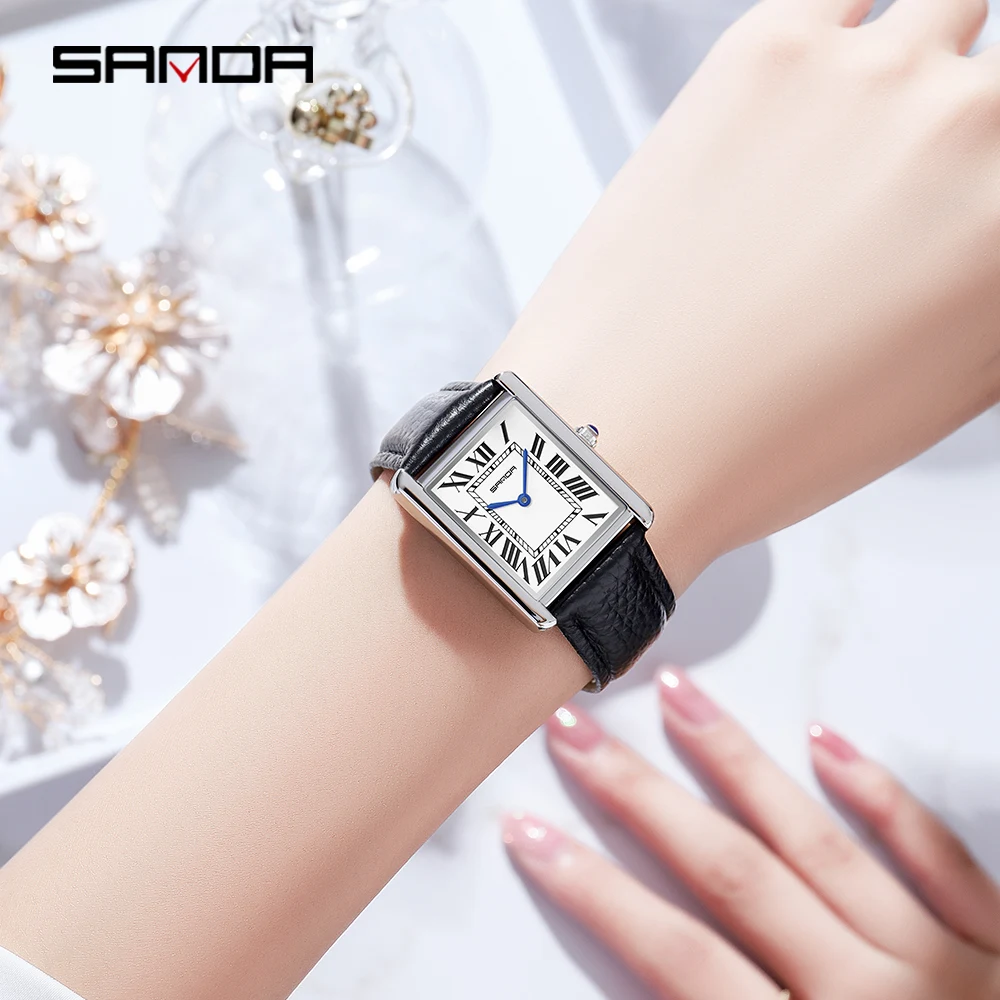 Sanda Rectangular Wrist Watches Women Man Unsex Silver Case