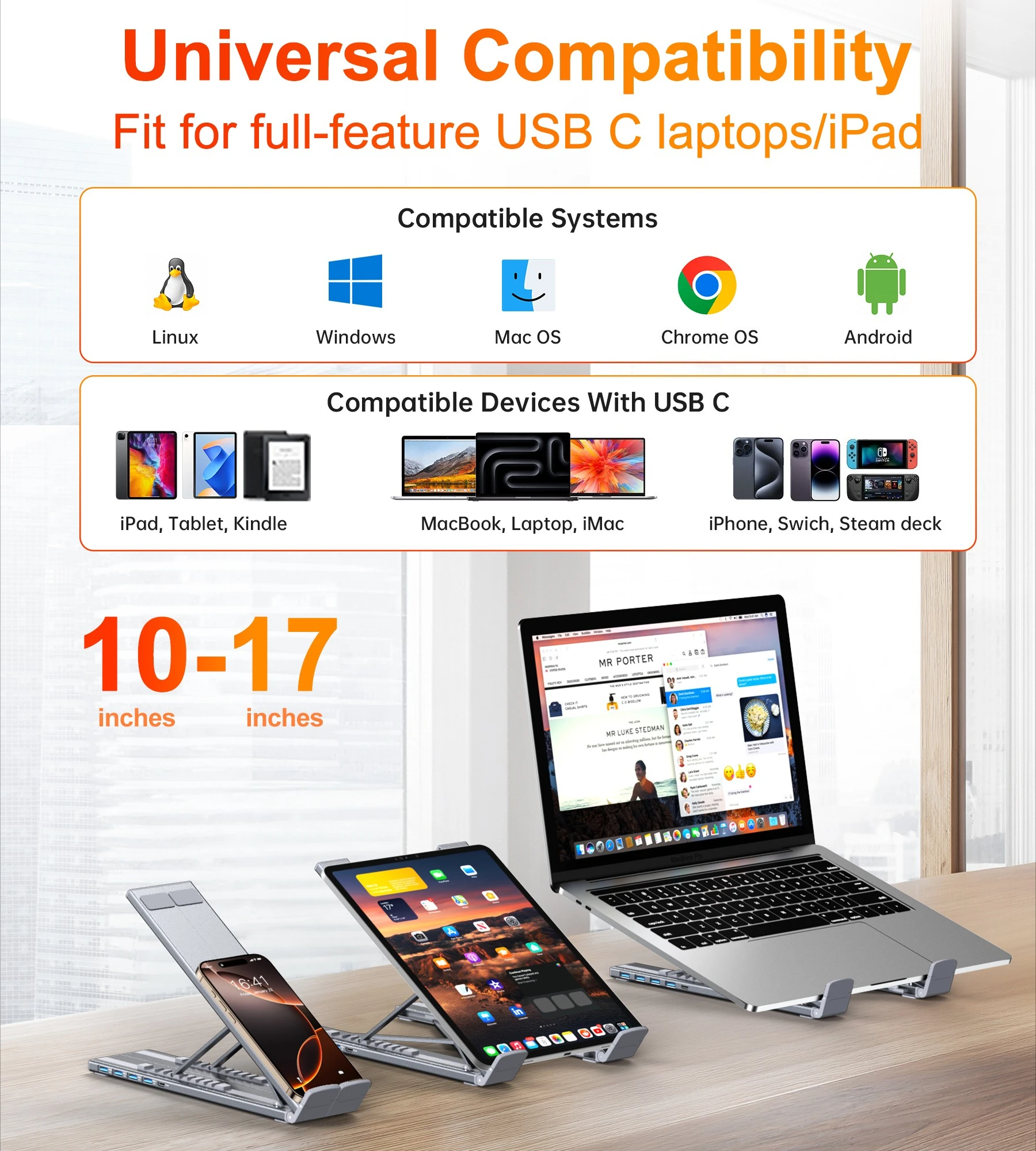 USB C-USB 허브 휴대용 노트북 스탠드 알루미늄 4포트 USB3.0 멀티포트 어댑터 맥북용 조절 가능한 노트북 도킹 스테이션