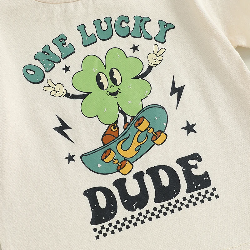 Baby Boy T-shirt Short Sleeve Crew Neck Letters Clover Print Summer Clothes Tops for Casual Daily