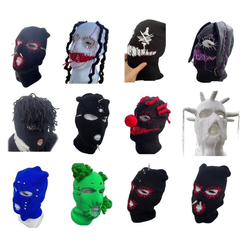 

Devil Horn Halloween Knitted Hat Warm Full Face Cover Ski Mask Hat Windproof Balaclava Hat for Men Womens