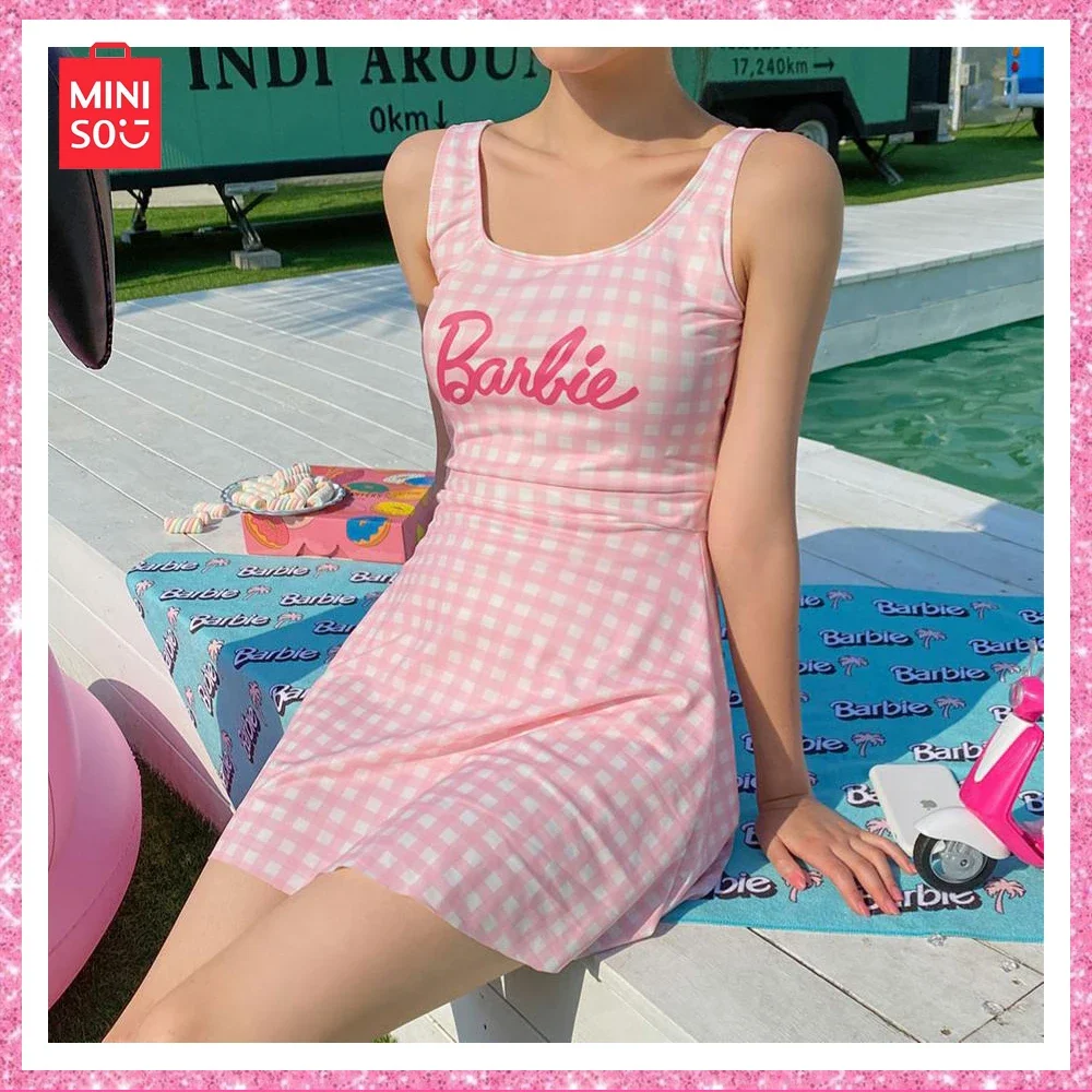 

2024 New Miniso Barbie Simple Pink Plaid Letter Cover Belly Slim Conservative Girls Size Chest One Piece Spa Swimsuit Girl Gift