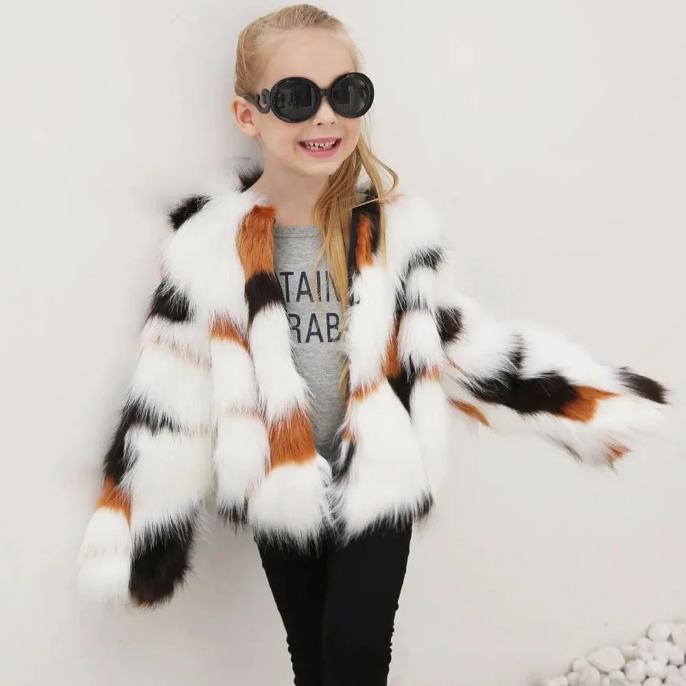 

Winter Girls Fur Coat Elegant Baby Girl Faux Jackets Mixing Color Toddler Coats Thick Warm Outwear TZ117