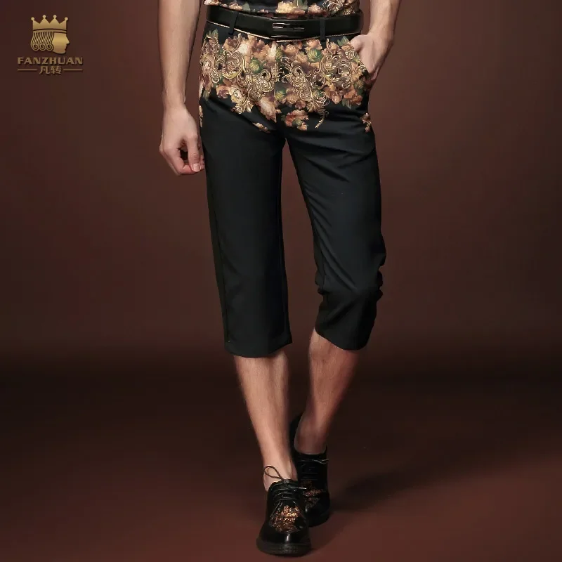 

Бесплатная доставка, модные повседневные мужские летние черные брюки, шесть зауженных мужских брюк с цветочным принтом, распродажа 15921