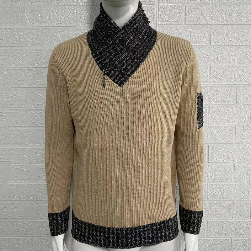 Pulover bărbați 2023 toamnă/iarnă guler înalt mânecă lungă croială slim fit tricotată top pulover mare pentru bărbați584_voghion.com