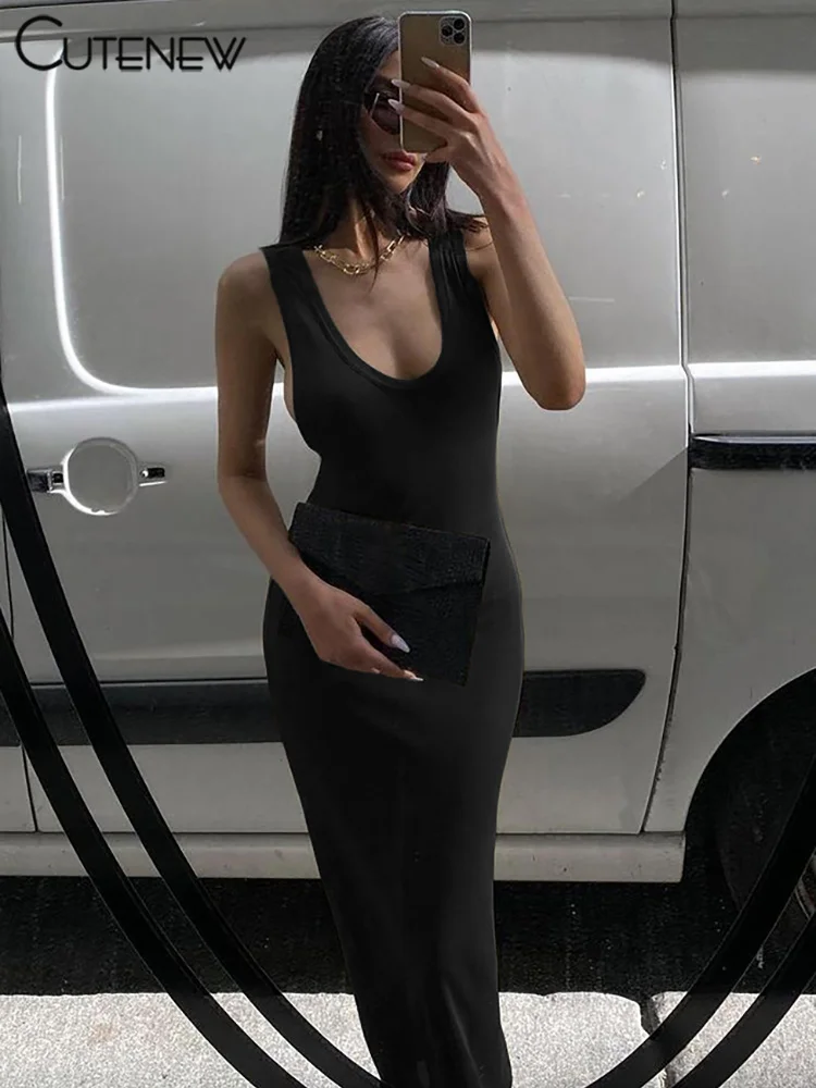 

Женское элегантное однотонное платье-макси Cutenew, привлекательное длинное платье на бретелях-спагетти с открытой спиной для девушек, женское искусственное платье, уличная одежда