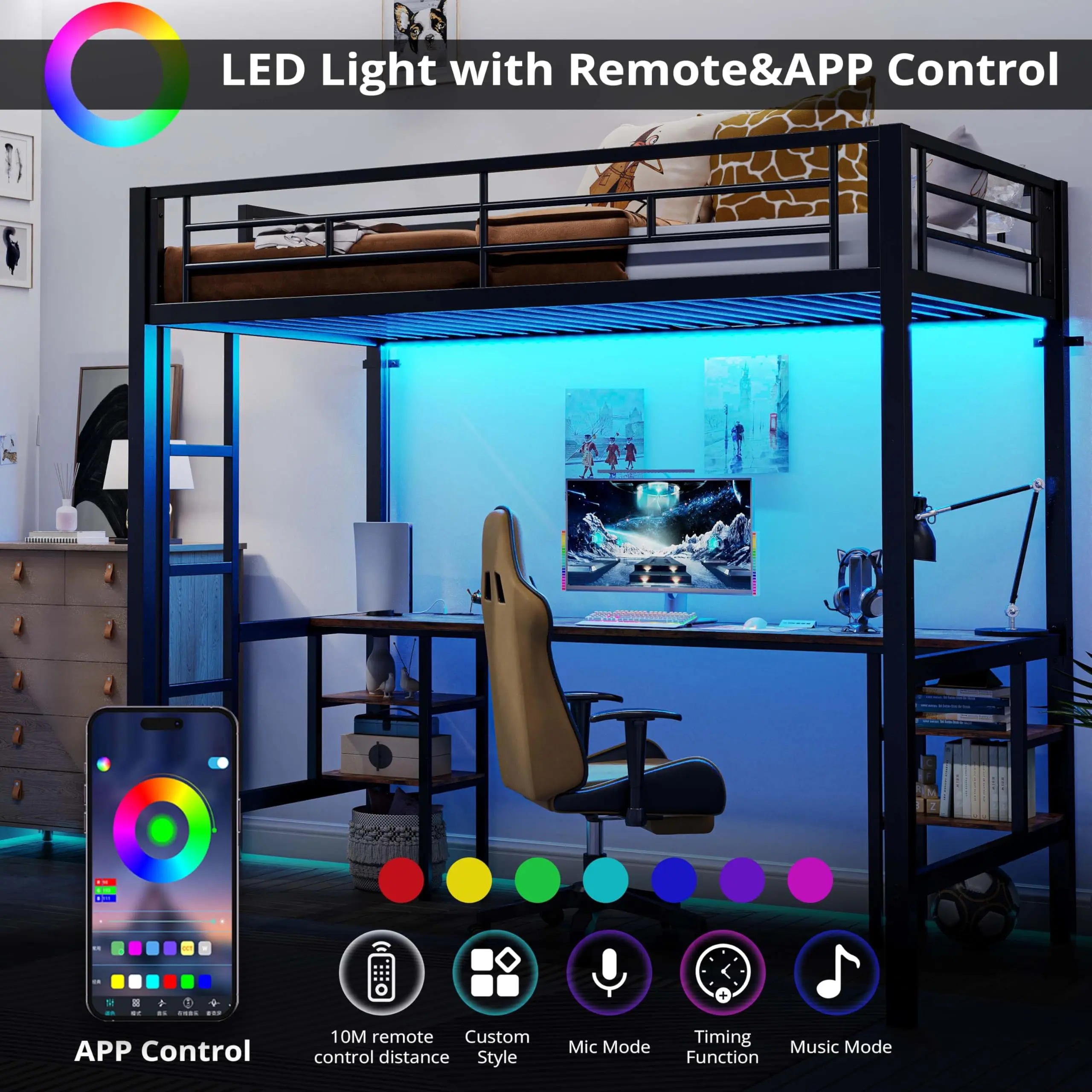 ANCTOR Loft Bed Twin Size with Desk and 4 Storage Shelves, Metal Loft Bed Frame with Power Outlet and LED Lighted, Black