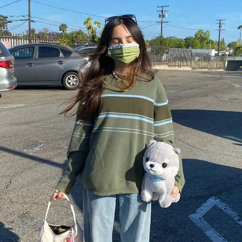 

Y2K Women Oversize Vintage Knitted Sweatshirt Striped Long Sleeve Round Neck Pullover Preppy Style Knitwear Harajuku Streetwear