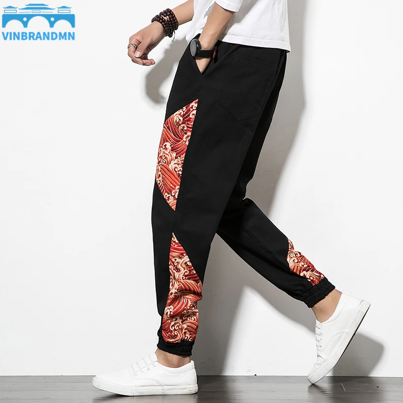 

Men Loose Casual Tie Feet Trousers Oversized 5XL Chinese Style Print Male Harem Pants Male Black Elastic Waist Pant 3XL 4XL 5XL