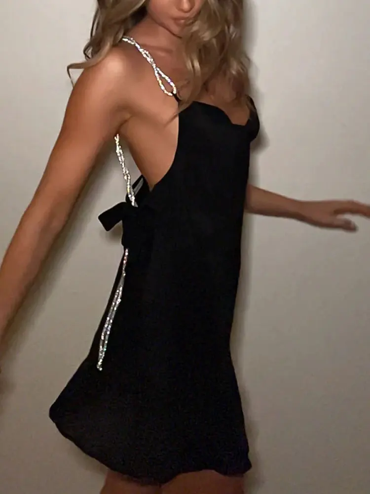 

Satin Backless Rhinestone Sling Dress Women Swing Collar Sleeveless Short Dresses Summer Female Fashion Streetwear vestidos