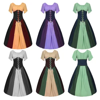 Medieval Women's Dress European Waist Bandage Princess Gown Ptachwork Dresses Victorian Clothing Halloween Cosplay Costume