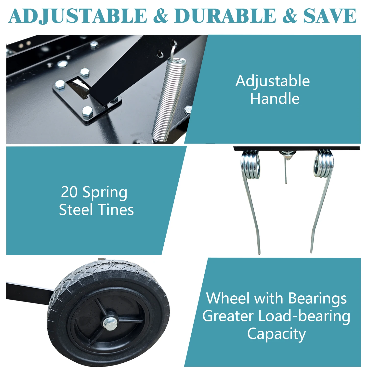 Spring Steel Grass Comber 40 Inches 3 Turns Of T4.5*200Mm*20 Teeth (With M8 Bolts) With Rubber Material 8-Inch Solid Wheel
