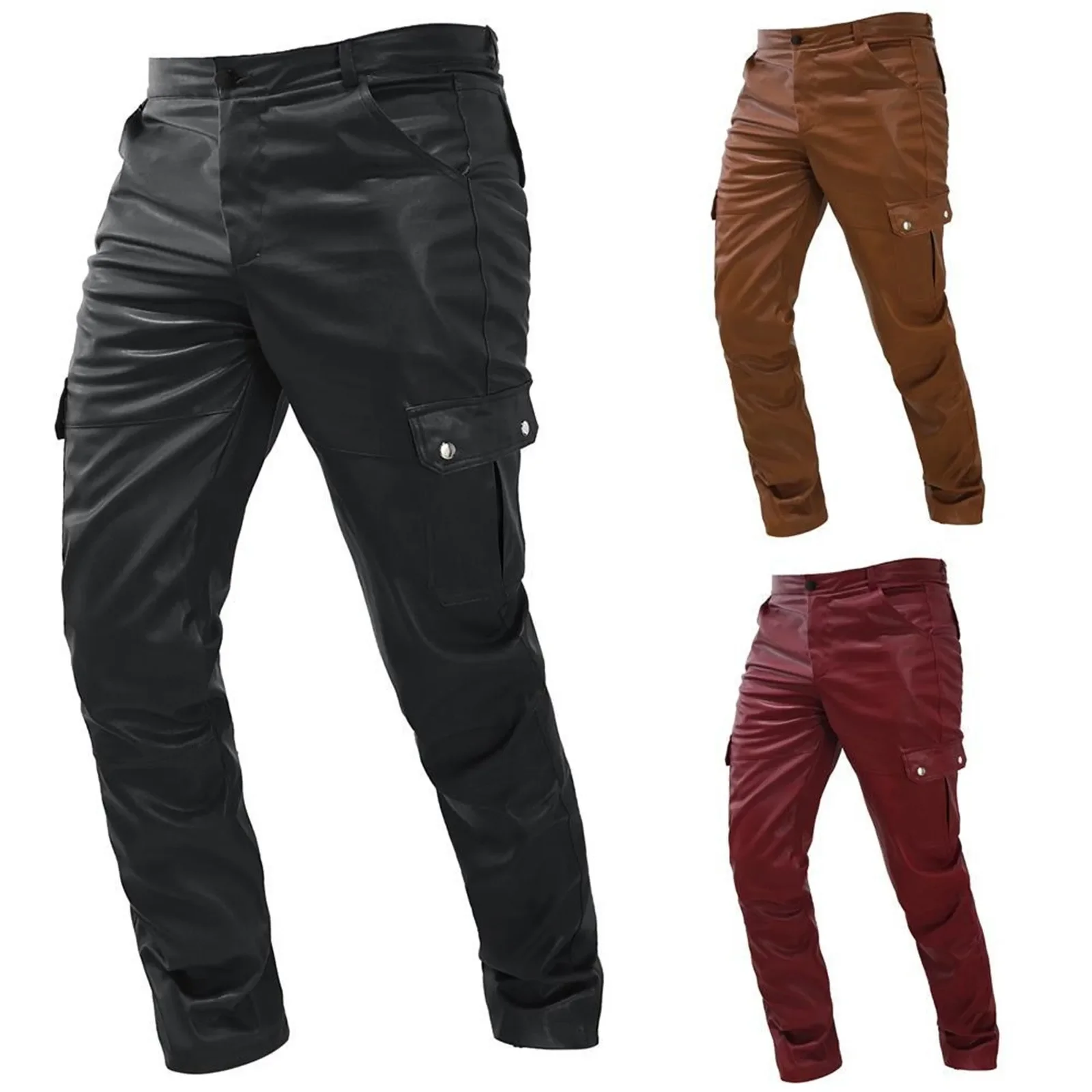 Description Picture 2 of itemMen'S Leather Cargo Pants Stylish Solid Color Multi-Pocket Pu Leather Trousers Skinny Straight Pants Sexy Club Party Trousers