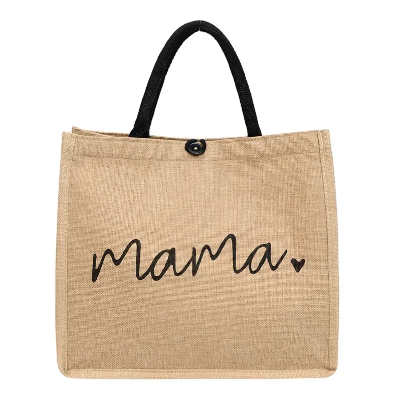 Women Tote Bag Fashion Mama Letter Printing Linen Handbag Large Capacity Baby Diaper Bag Casual Shopping Shoulder Bag Mom Gifts 6