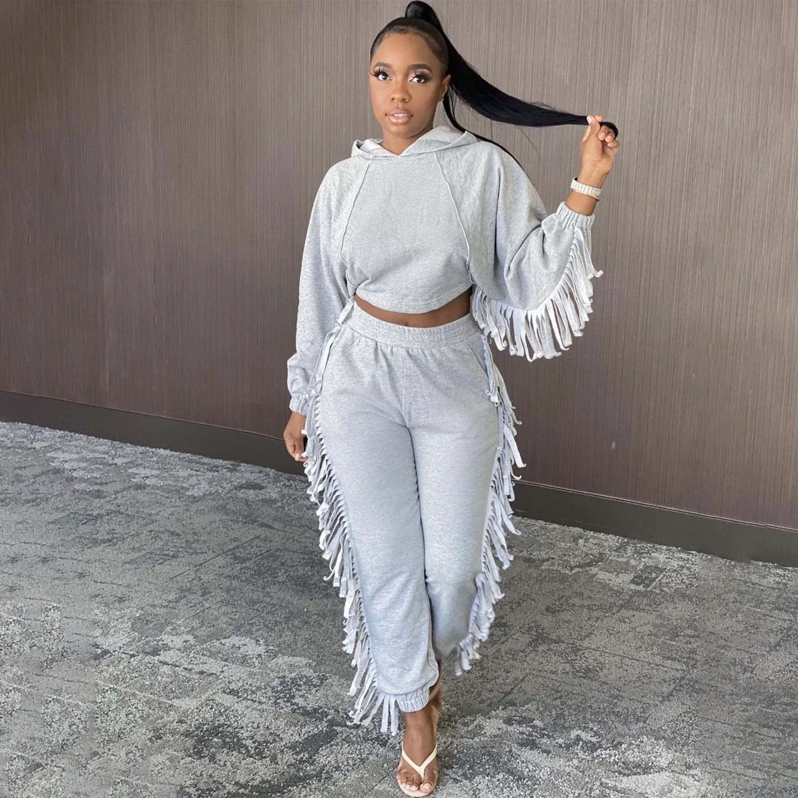 

Two Piece Set Tassel Sweatshirt Pants African Suit Autumn Clothing Women Fashion 2023 Solid Color Casual Female Suit Outfits