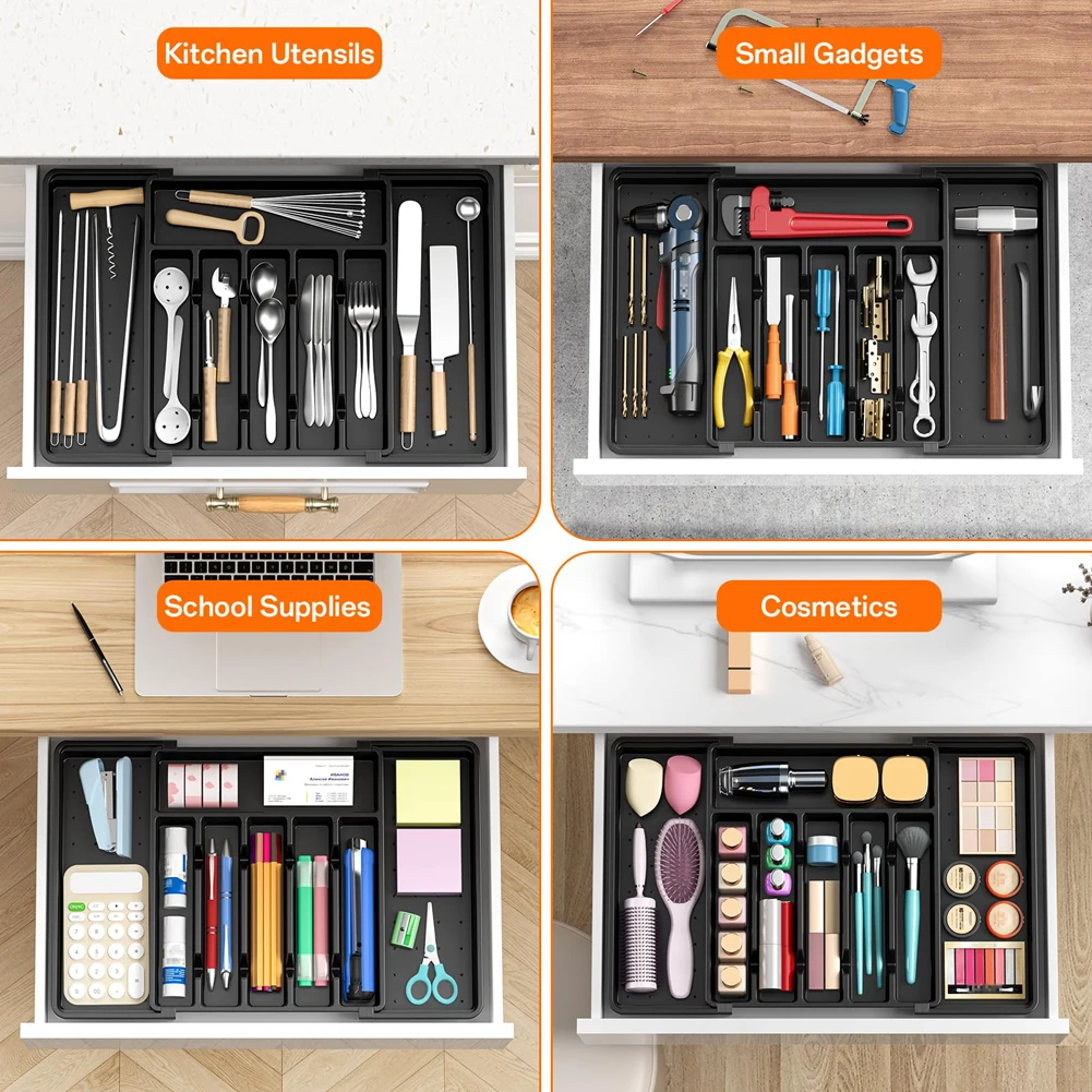 8 Grids Adjustable Kitchen Storage Organizer Tray – Plastic Multifunctional Drawer Organizer for Kitchen Counter Utensils