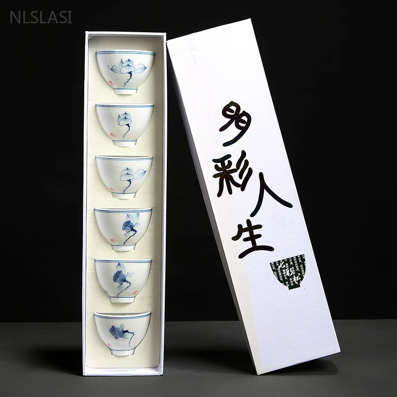 Set Tazze da Tè (6) - Motivi Cinesi in Blu e Colori, dipinta a mano 43 6 pezzi Jingdezhen Set di tazze da t in ceramica dipinta a mano tazza Master in