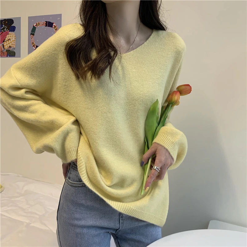 V-neck Pullovers Women Solid Candy Colors Sweet Harajuku High Street Loose-fit Long Sleeve Sweaters Ulzzang Knitted Pullover Ins striped sweater