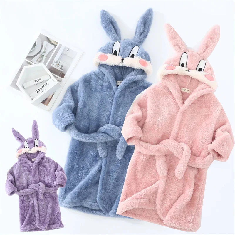 Children Plush Robes Girls Flannel Sleepwear Boys Soft Comfortable Robes Kids Cartoon Pajamas Toddler Warm Bathrobe 2-8 Years