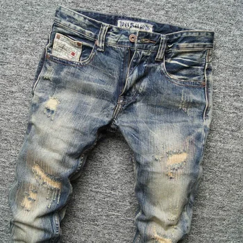 2023 Spring and Autumn New Fashion Casual Solid Color Vintage Ripped Jeans Men's Slim Comfortable Elastic High-Quality Jeans 1