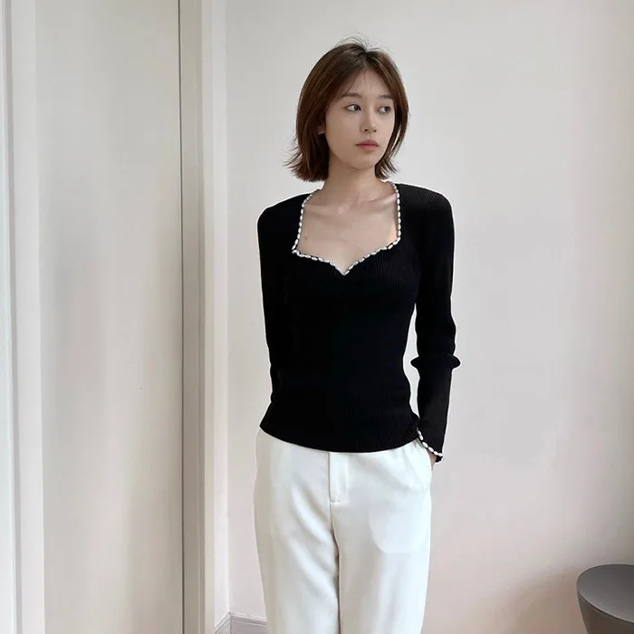 Senhora do Escritório Algodão Preto Feminino Encolher Topos Gola Quadrada Pérola Sopro Retalhos Primavera Magro Sexy Roupas t Camisas 2022 3 Computers & Electronics