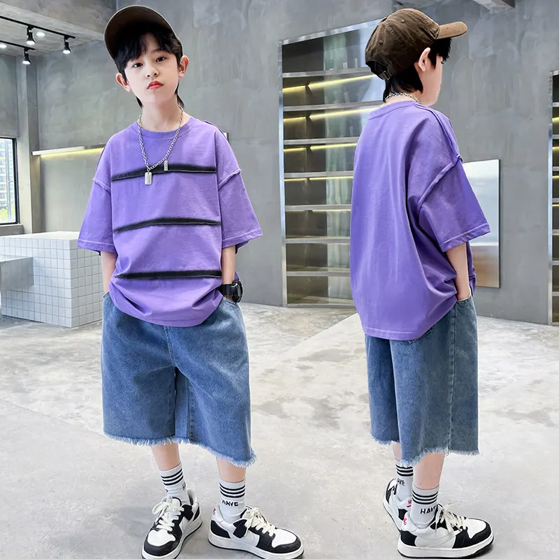 

2023 Summer New Cool Kids Boy Casual Clothing Set Children's T-Shirt + Shorts Denim Loose Teenager School Sport Tracksuits Suits