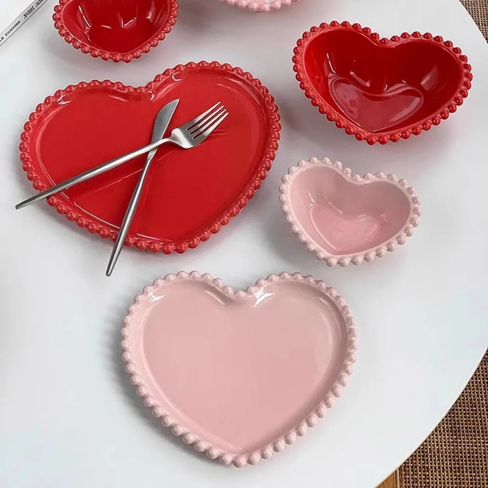 Dining Dish Creative Pink Bead Dots Ceramic Heart Dinner Plate Tableware Home Dessert Cake Plate Porcelain Salad Kitchen Utensils