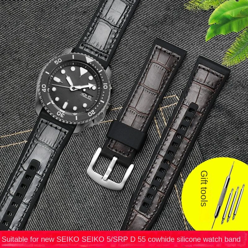 Фото Ремешок для мужских часов SEIKO SRPD55/SRPD65K3/SRPD76K1, водонепроницаемый спортивный браслет из воловьей кожи с силиконовой основой, 22 мм №2