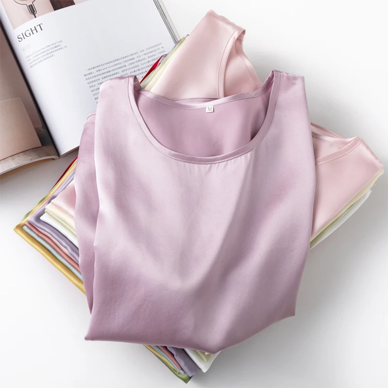 Women 100% Mulberry Silk 19 Momme half sleeve Crew Neck Top Shirt Blouse T-shirt More Colors M L XL MM4270 2