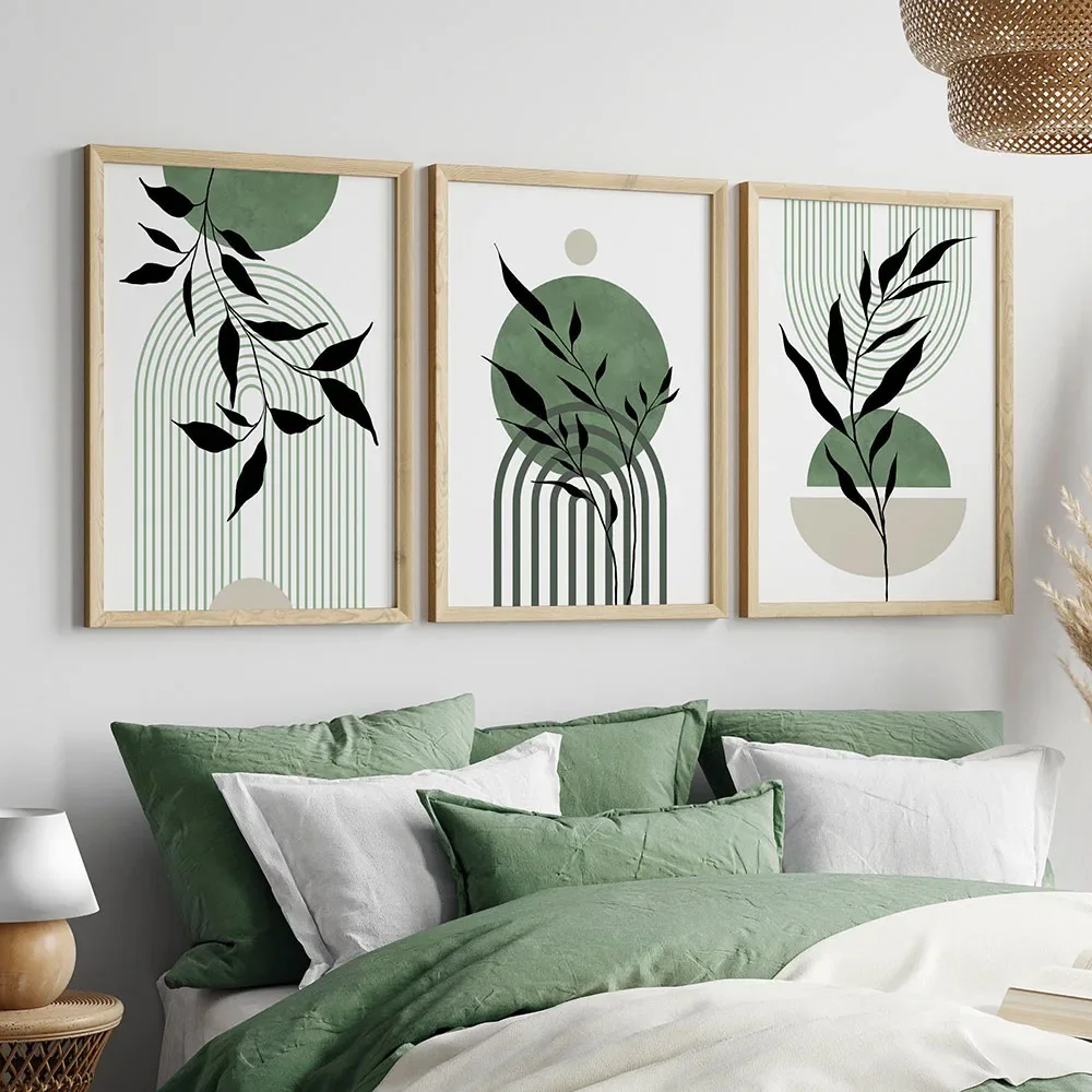 Peinture Sur Toile Abstraite Géométrique Feuilles Vertes - Décoration Murale Salon 30x40 Cm - Style Bohème Moderne