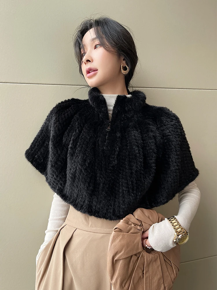2023 가을 겨울 밍크 모피 우븐 풀오버, 두꺼운 밍크 모피 망토 숄