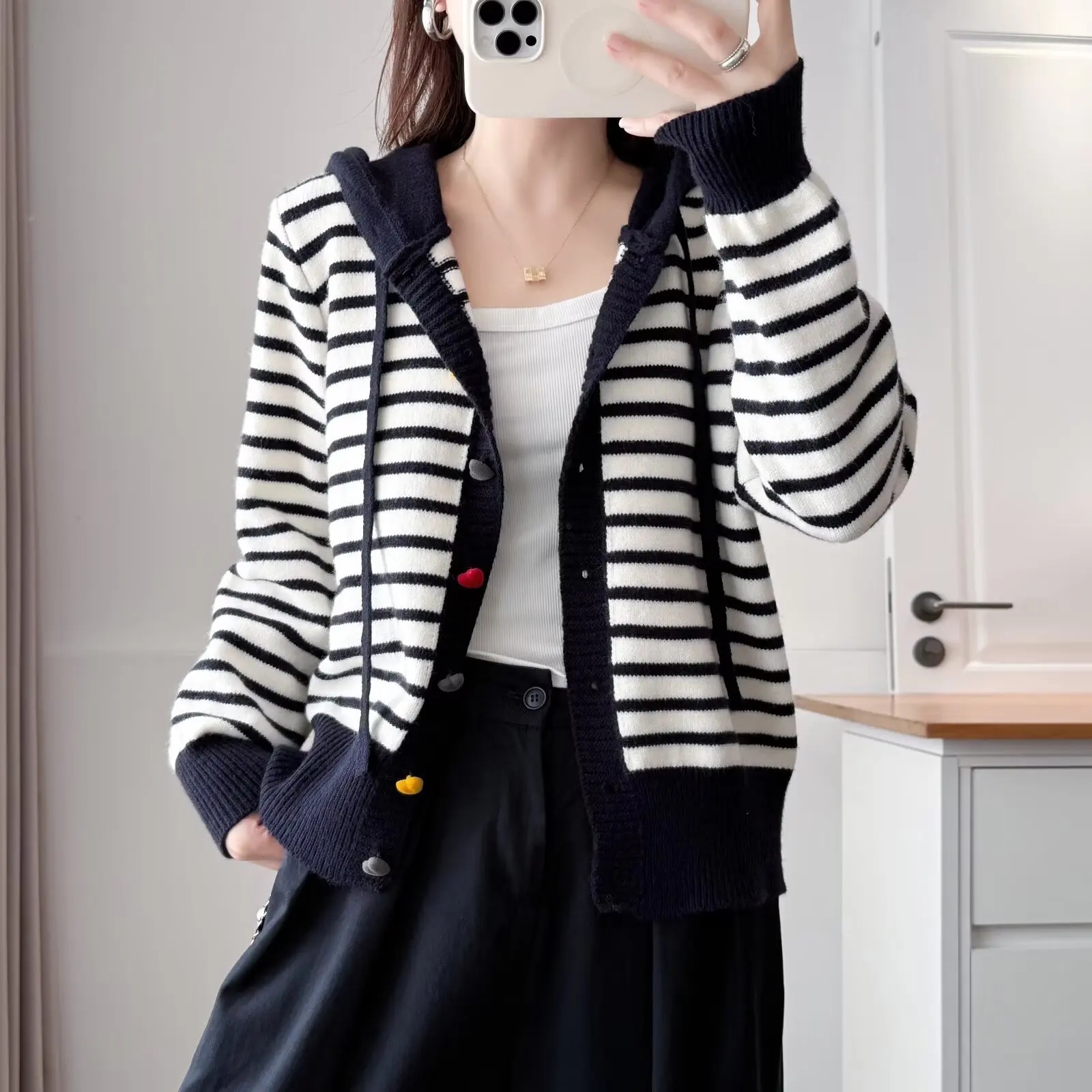 XXXL Fashion Plus Size Women's Knitted Sweater New Autumn Winter Style Of Colorful heart-shaped Buckle Striped Hooded Cardigan
