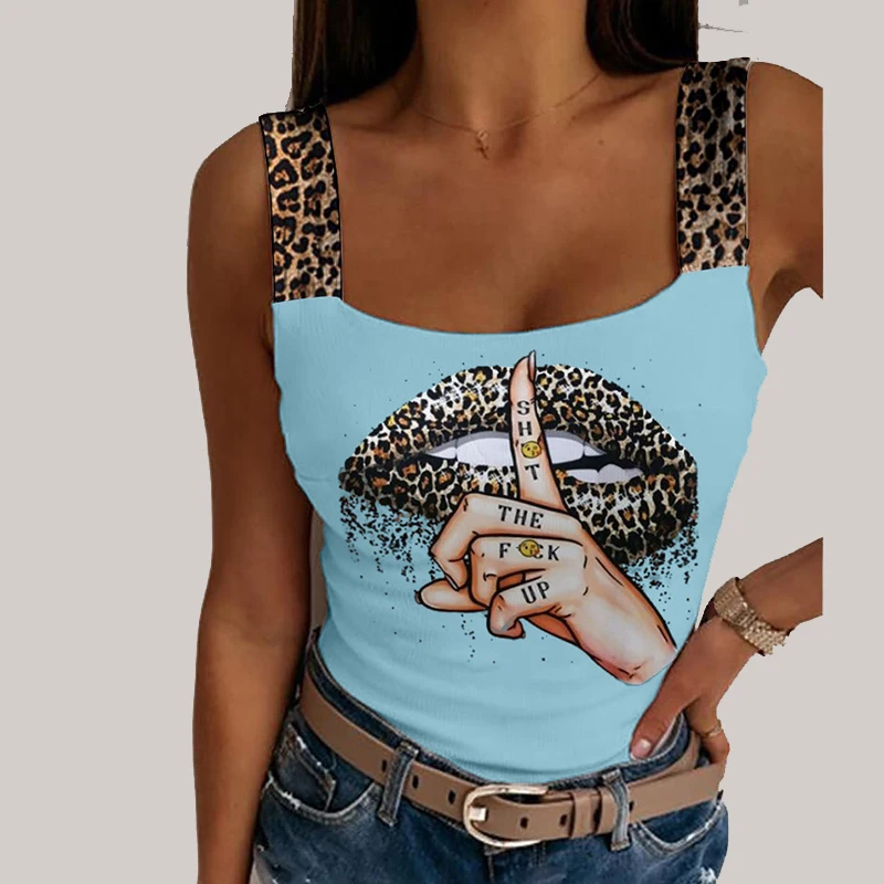 Sexy Tank Tops Women's Leopard Lips Print Sleeveless Crop Tops Fashion Party Club Summer Sleeveless Streetwear Bustier Tops lace camisole