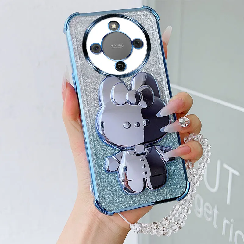 Shockproof Phone Case with Rabbit Makeup Swivel Stand and Crystal Lanyard