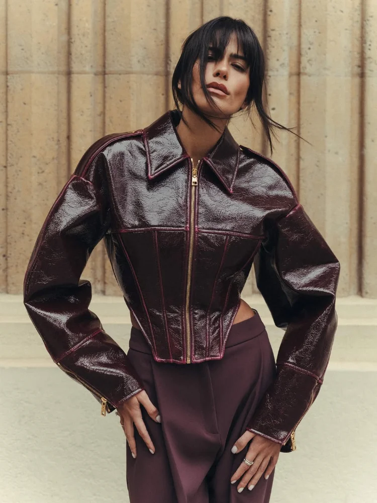 Women's Cropped Faux Leather Jacket Coat Vintage Balloon Sleeve Biker Style PU Outerwear Chic High Street 2026 Spring New Outfit