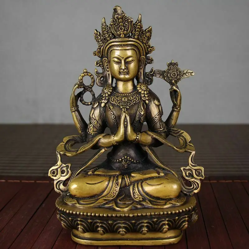 

China Tibet Buddhism old bronze Gilt Green Tara Tibetan Buddha Guanyin Statue