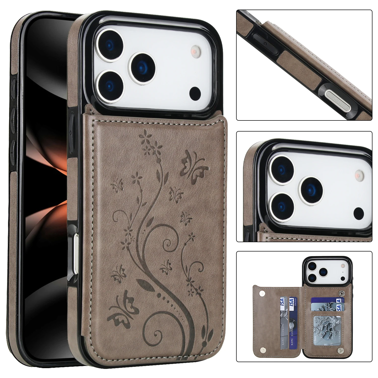 Elegant Butterfly Press Leather Wallet Case with Double Buckle Stand and Card Holder