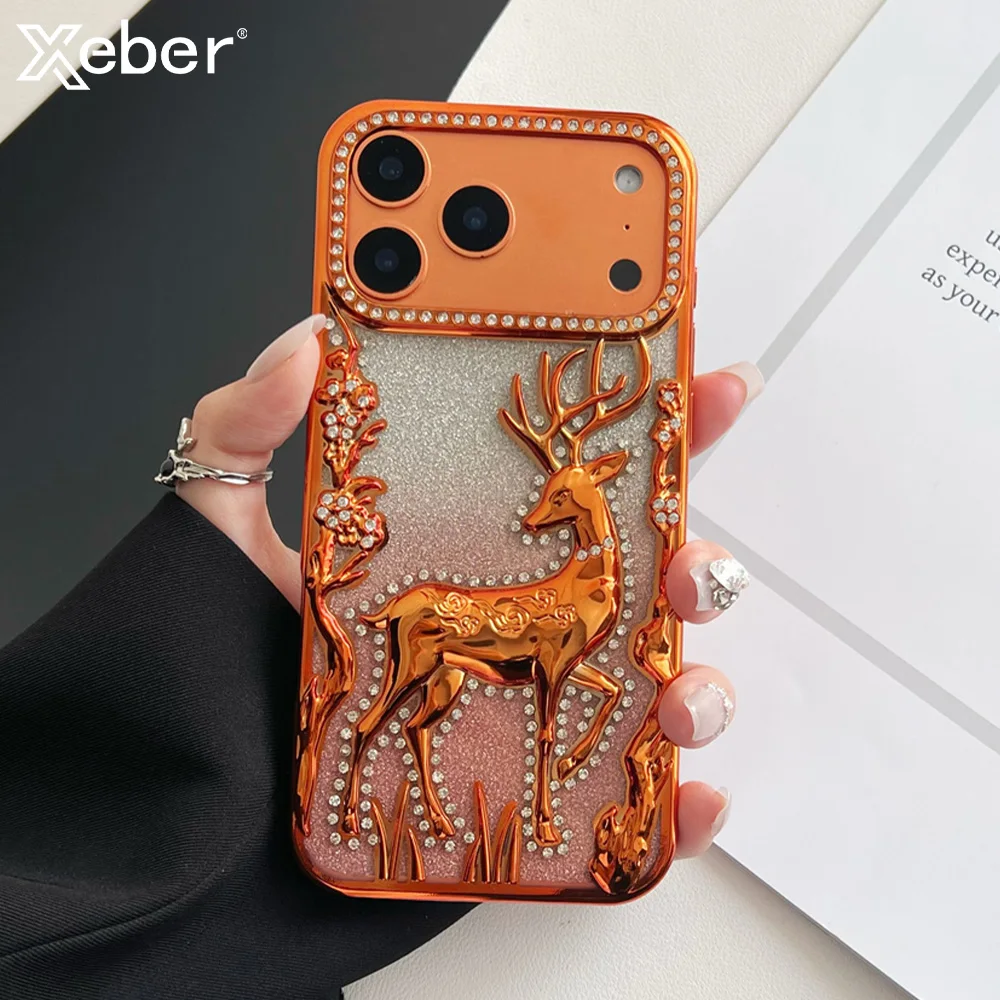 Glitter Rhinestone Deer Phone Case with Full Screen Protection and Soft Plating Armor Design
