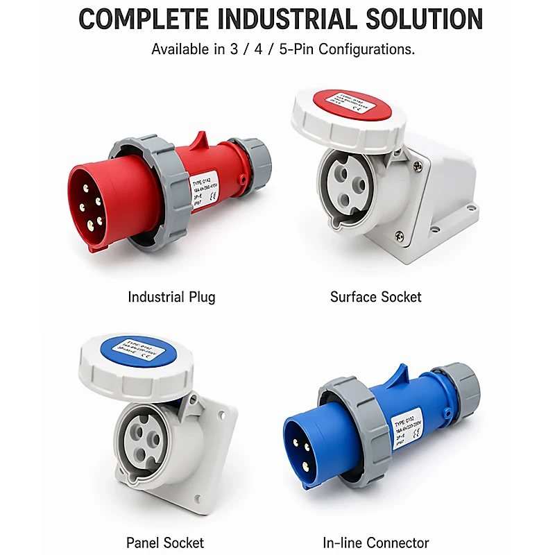 IP67 16A Waterproof Industrial Plug Socket – 3/4/5 Pin 220V/380V, Male & Female with Copper Contacts, Surface or Flush Mount 2