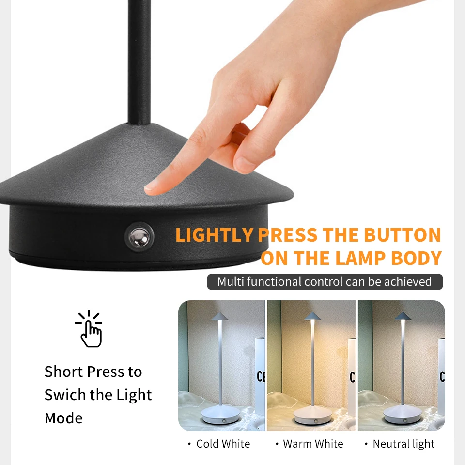 Table LED Lamp Rechargeable Touch Sensor Night Desk Lamp 3 Color Temperatures Stepless Dimming for Restaurant Hotel Bar Bedroom