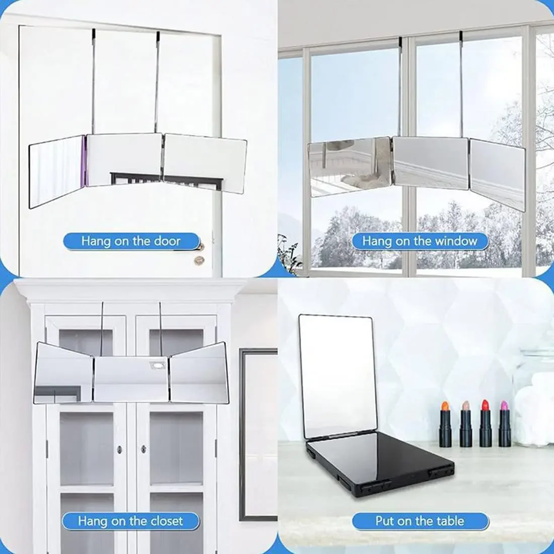 Portable 360 Trifold Mirror with Height Adjustable Telescoping Hooks Ideal for Self Hair Cutting Makeup Essential Fordable